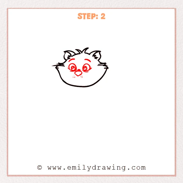 how to draw a cheshire cat - Cheshire Cat head outline now has big oval eyes, curved eyebrows, a small rounded triangle nose, and whisker dots.